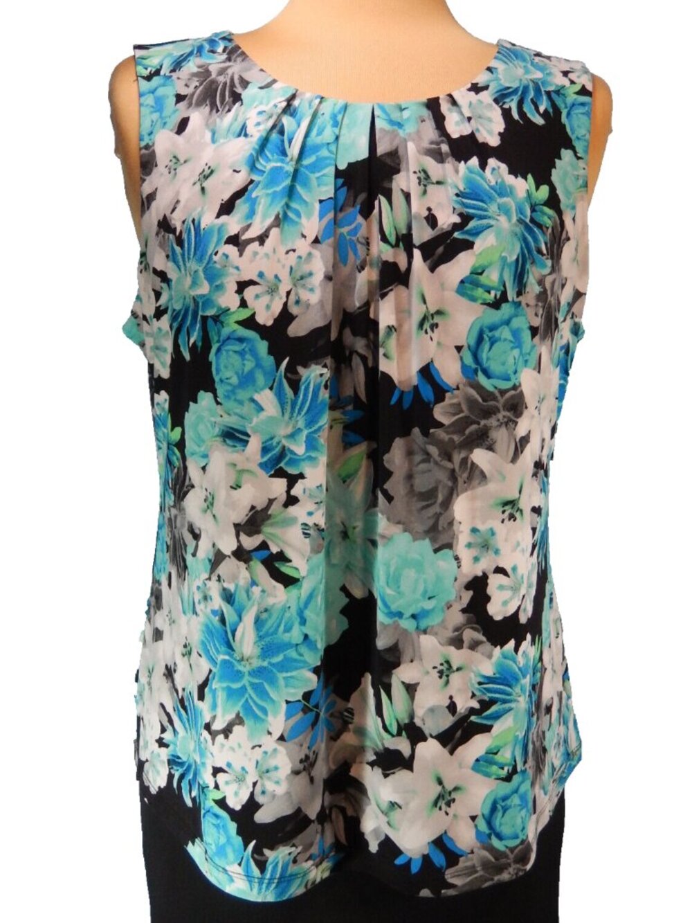 Calvin Klein Turquoise Floral Print Pleated Neck PXL Sleeveless Career Top EUC